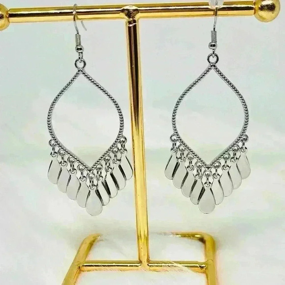 Silver Tear Drop Tassel Earrings - Picture 4 of 4